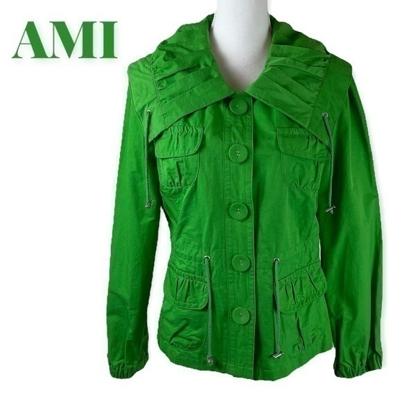 Ami Jackets & Coats Ami Kelly Green Pleated Collar Rain Jacket